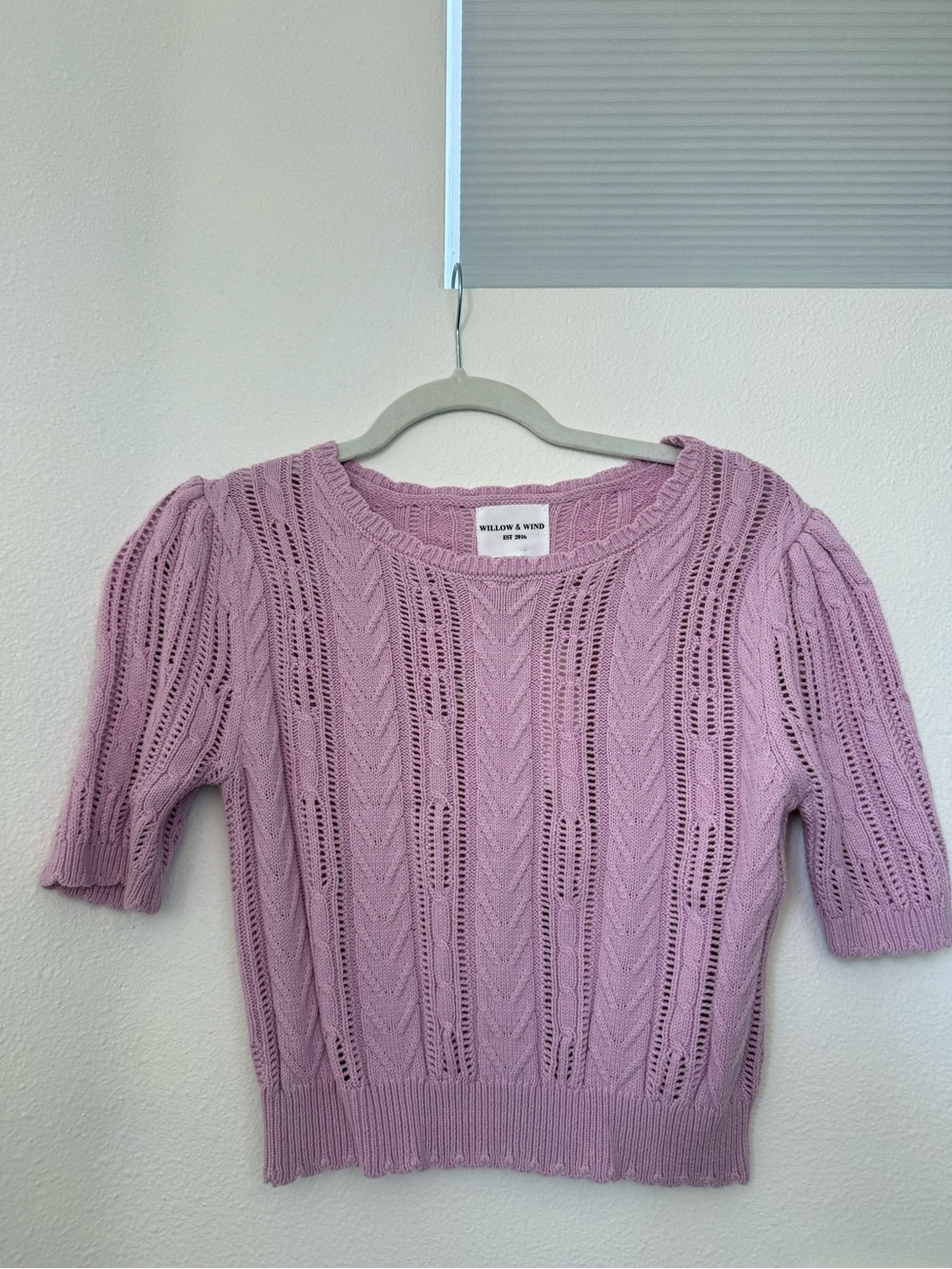 Cute Lavender Open-Knit Puff Sleeve Sweater